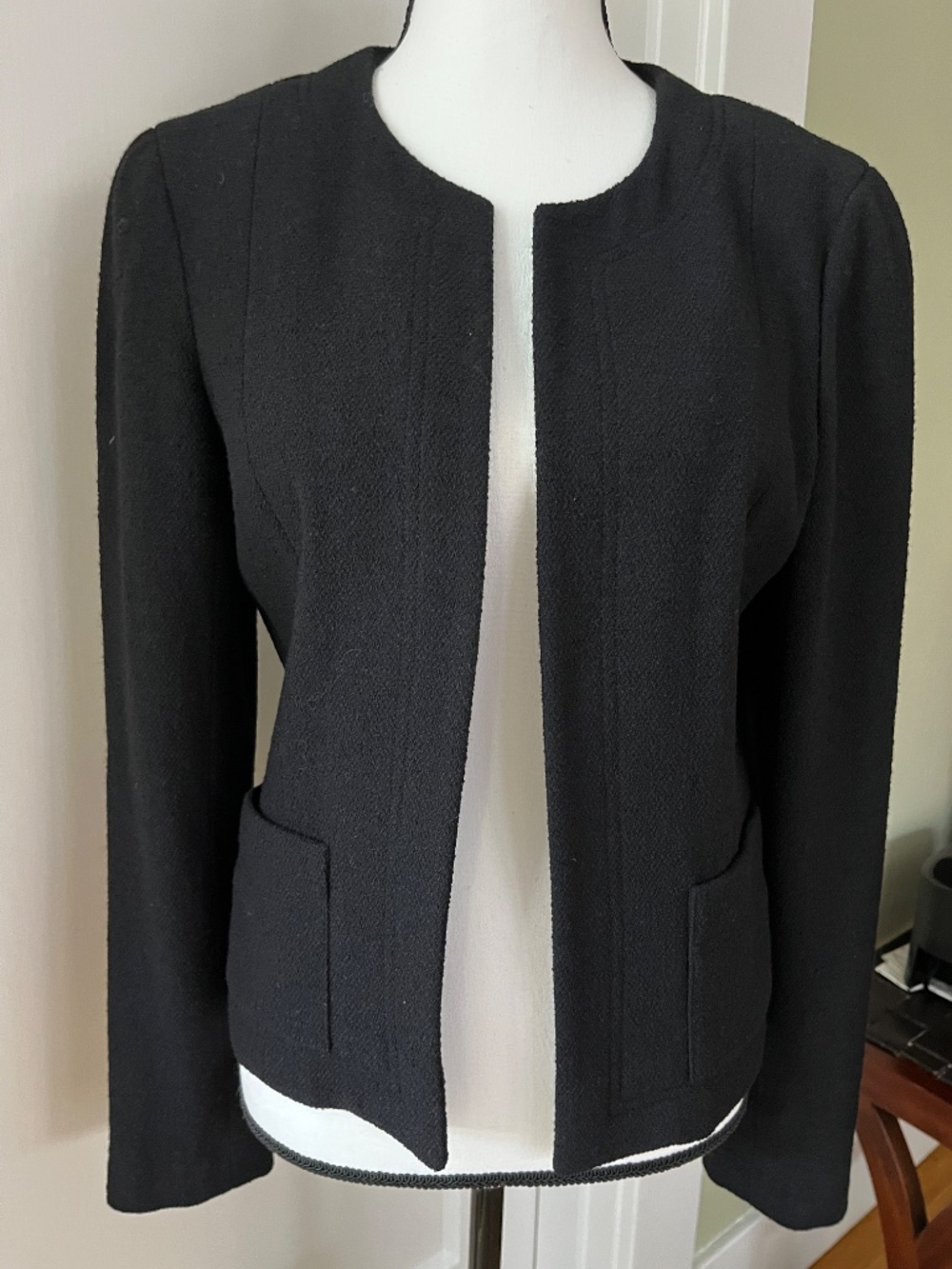Iconic Vintage CHANEL 04P Collarless Black Wool Jacket Size 40 Made in France